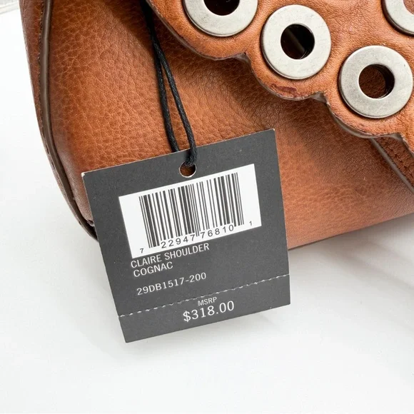 Frye Claire Leather Shoulder Bag Buckle Grommet Zip Top Cognac Brown NEW - Picture 11 of 16